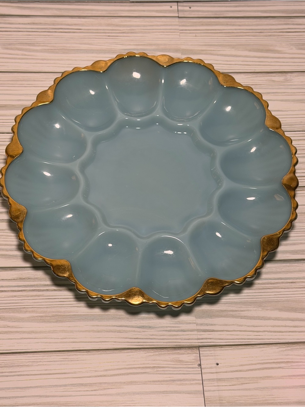 Vintage Anchor Hocking Fire-King Delphite Blue Deviled Egg Plate Gold Trim MCM - Picture 3 of 6